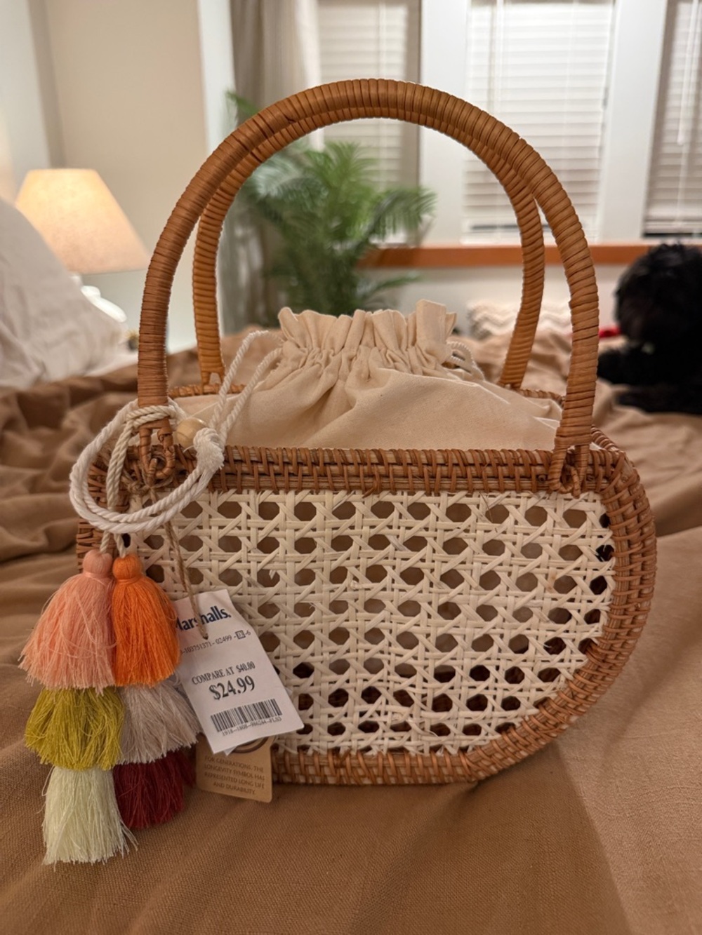 Woven Rattan and Cream Canvas Tote Bag with Tassel Accent